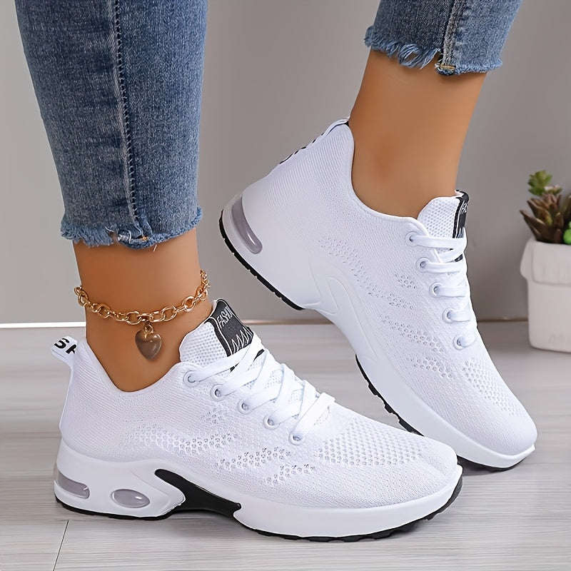 Womens Low-Top Air Cushion Sneakers - Shock Absorbing, Breathable, Comfortable, and Lightweight Fabric Shoes for Outdoor Sports and Daily Wear - All-Season, Lace-Up, Solid Color, and MD Sole