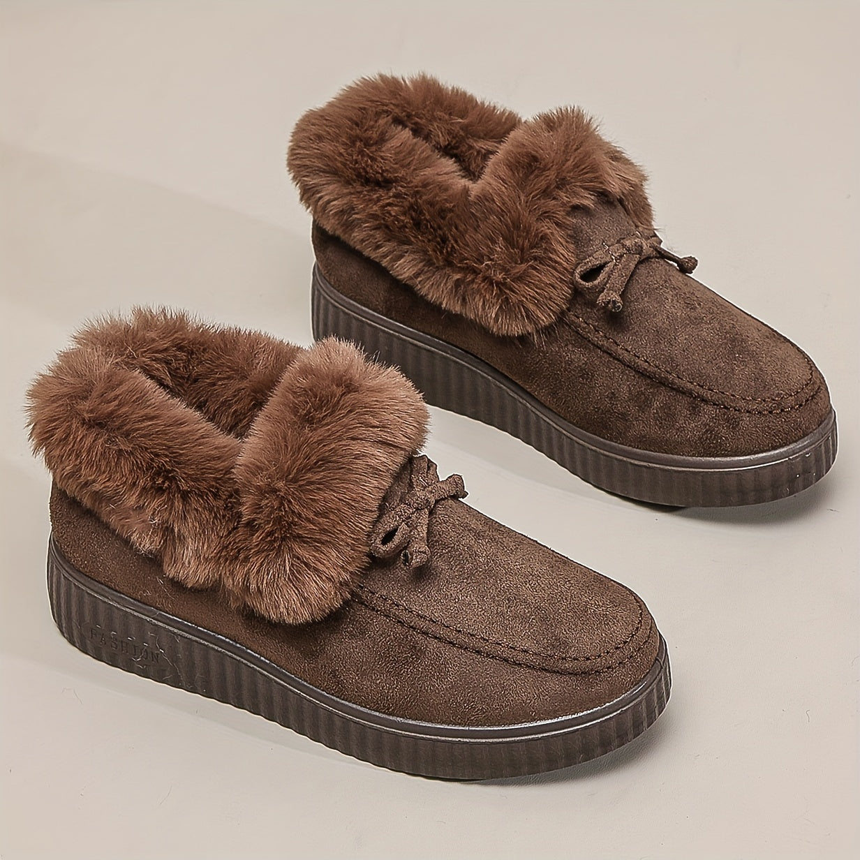 Women's Solid Color Boots, Bowknot Decor Round Toe Non-slip Soft Thick Sole Fluffy Velvet Warm Boots, Winter Comfy Shoes