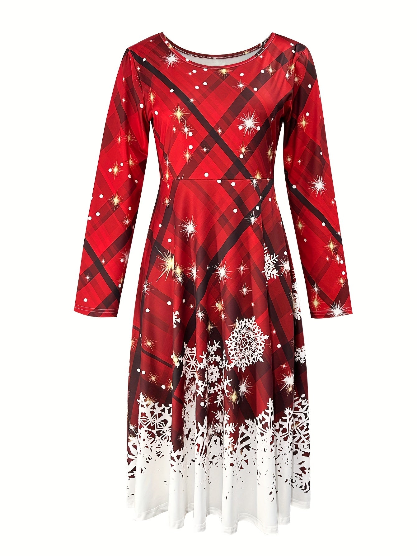 Vestido midi de manga comprida com estampa natalina e gola redonda para outono e inverno.