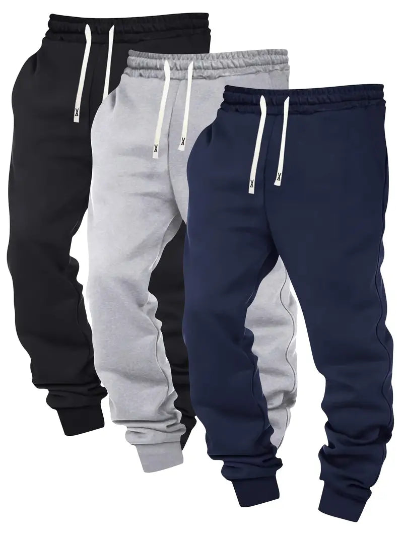 3pcs Men's Joggers - Solid Color, Drawstring Waist, Casual Athletic Sweatpants