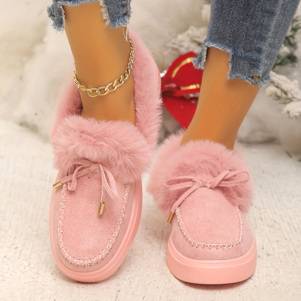 Women'S Winter Ankle Boots, Solid Color, Round Toe, Low Platform Heel, Slip-on, Fabric Upper, Fabric Inner, Fabric Insole, TPR Sole, Plus Size, Warm, Plush, Snow Boots, Ladies Flats for Women