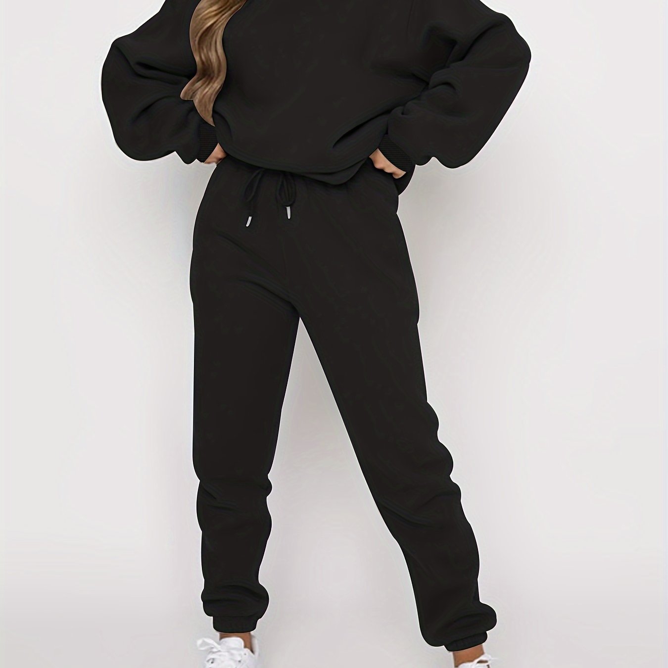 Solid Casual Two-piece Set, Crew Neck Top & Drawstring Jogger Pants