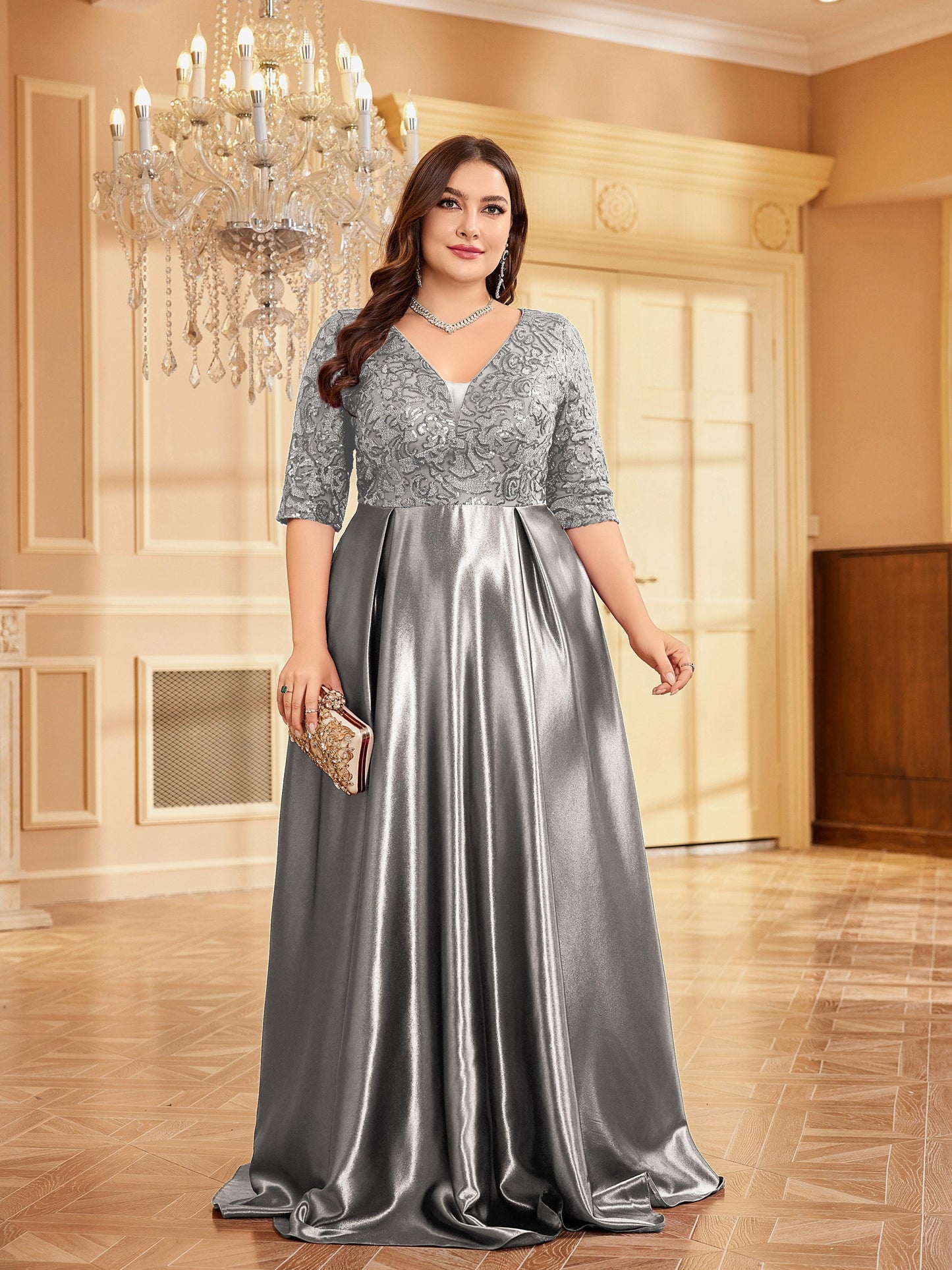 Elegant Navy Blue Sequin V-Neck Dress with Slim Fit Waist - Mid-Sleeve, A-Line Wedding & Banquet Gown, Polyester, Hand Washable