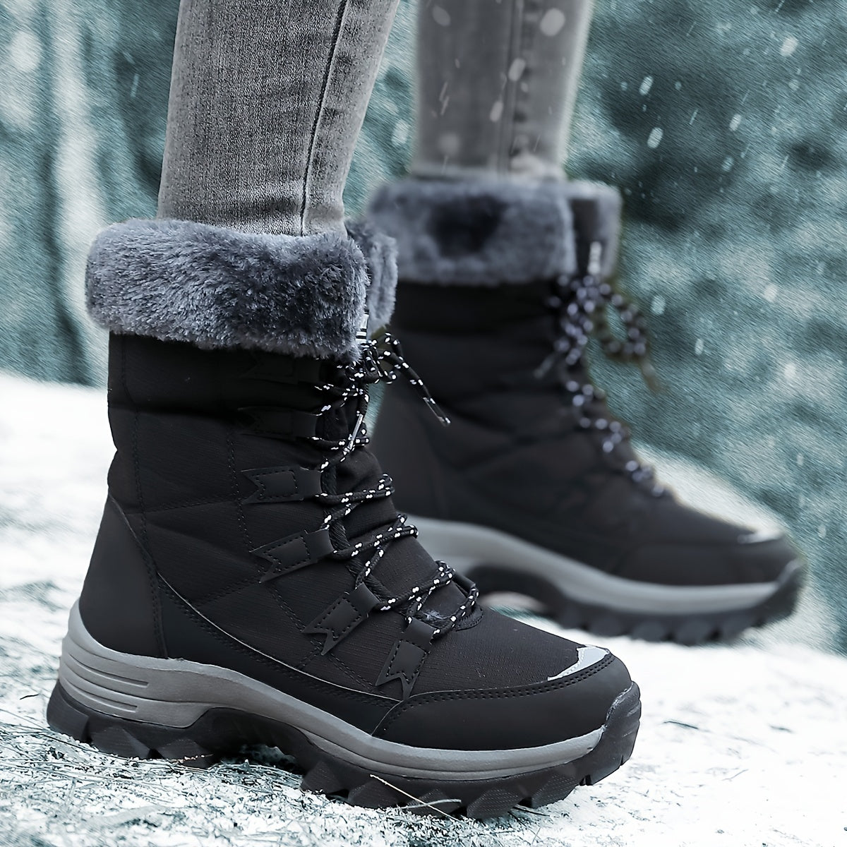 Botas de neve femininas impermeáveis e isoladas com forro de pele sintética, sola de borracha grossa e cadarços ajustáveis para atividades ao ar livre no inverno