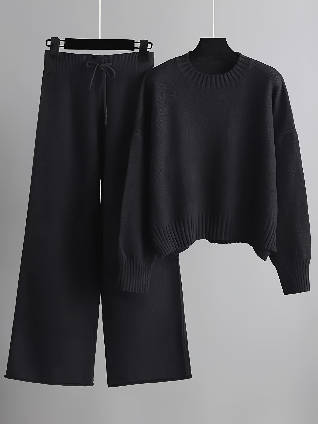Damen-Set aus Strickpullover und Hose mit weitem Bein – lässig, langärmlig, einfarbig