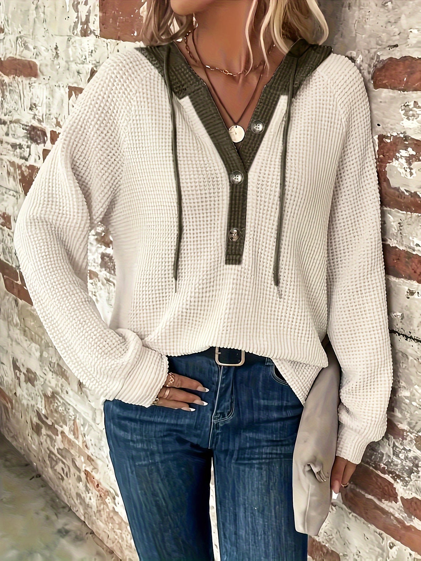 Color Block Hoodie, Button Front, Long Sleeve, Casual Sweatshirt for Women.