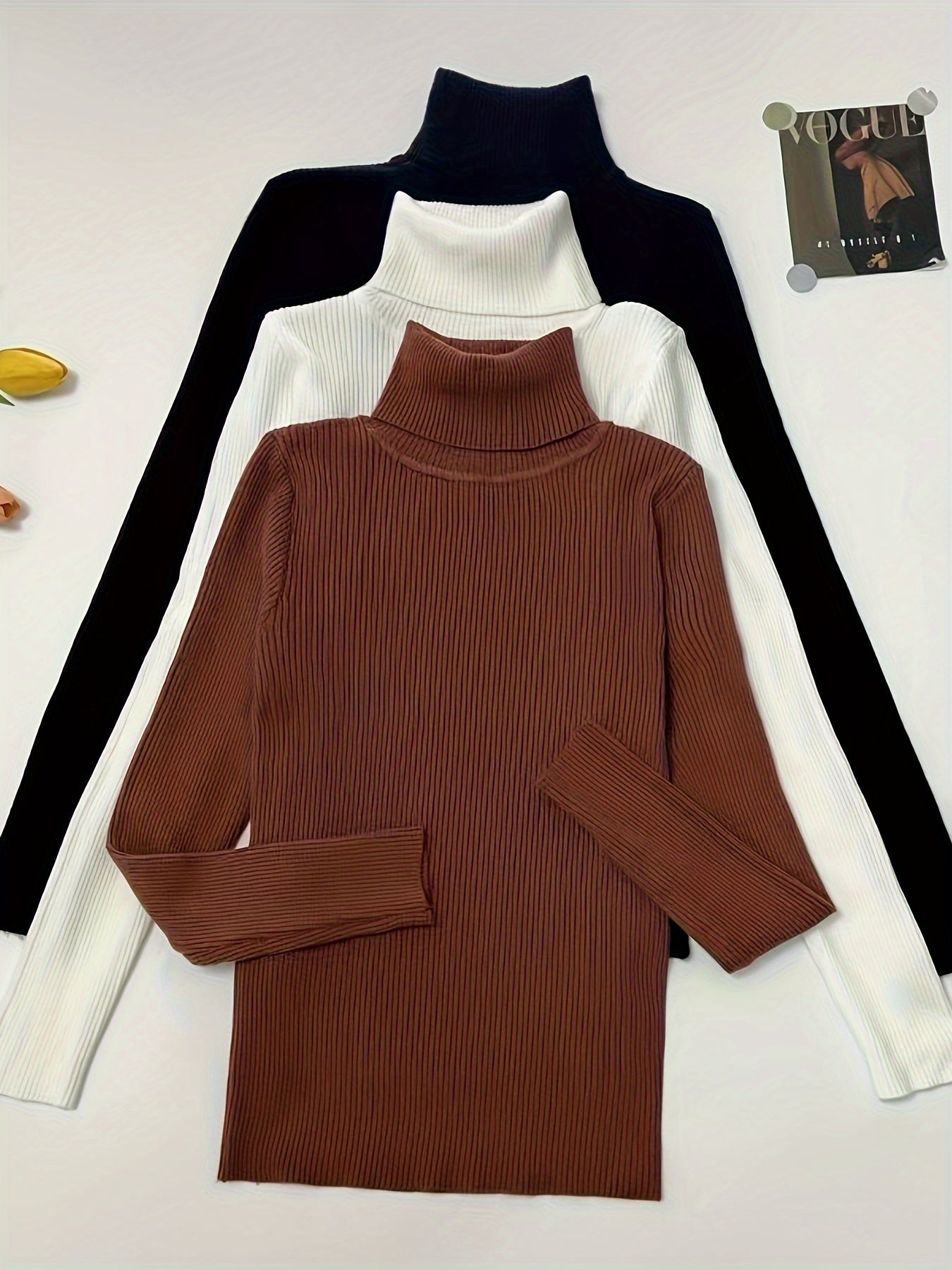 Turtleneck 3-Pack Sweaters - Casual Solid Color Long Sleeve for Fall & Winter