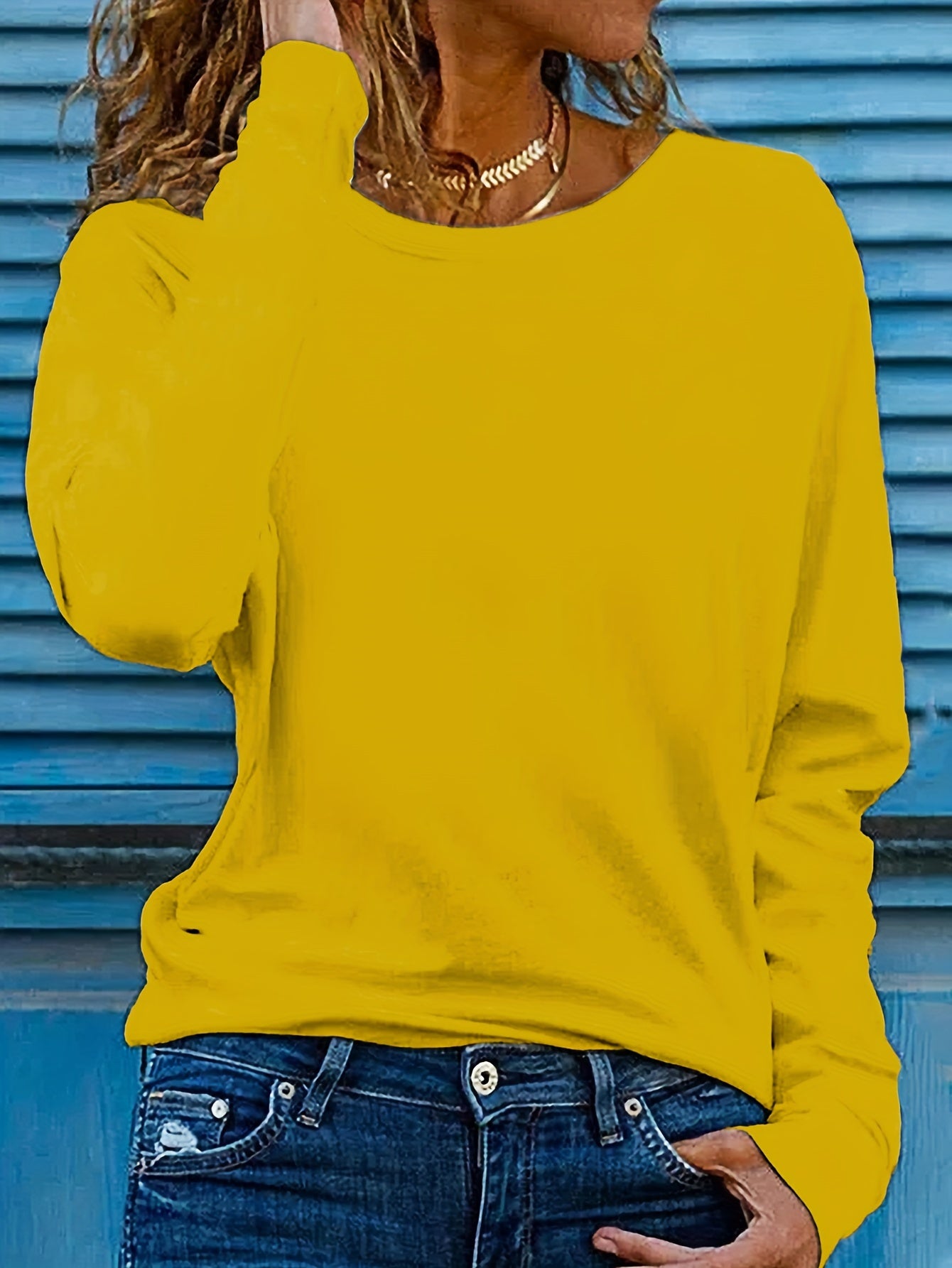 Solid Color T-shirt, Long Sleeve Crew Neck, Casual Top for Fall & Spring.