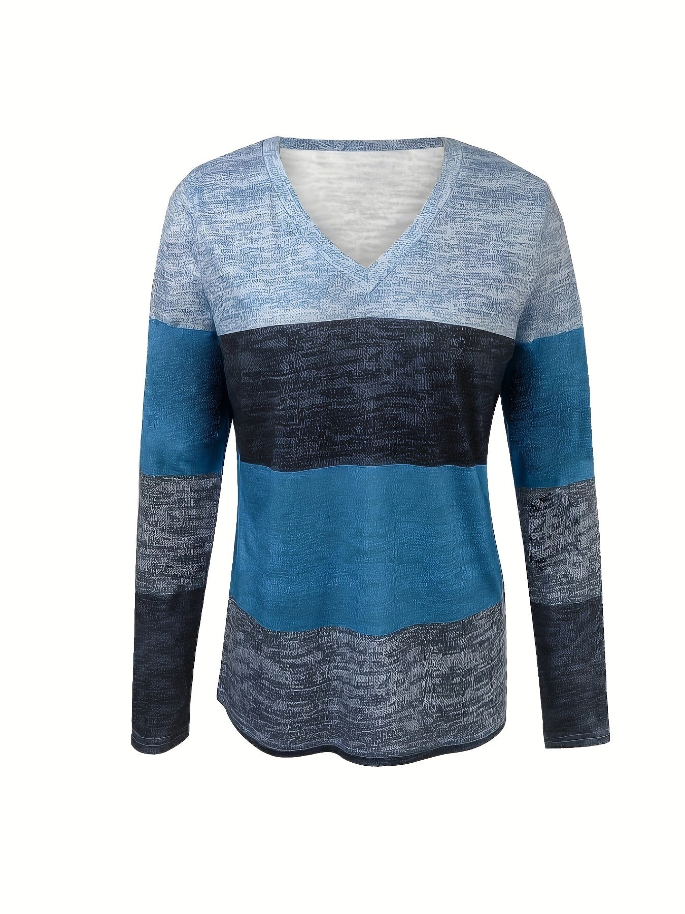 Color Block V-Neck T-Shirt, Casual Long Sleeve for Spring & Fall.