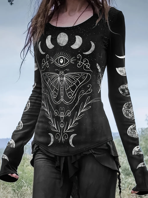 Camiseta casual e estilosa com estampa de borboleta do Ramadã e gola redonda de manga comprida para mulheres