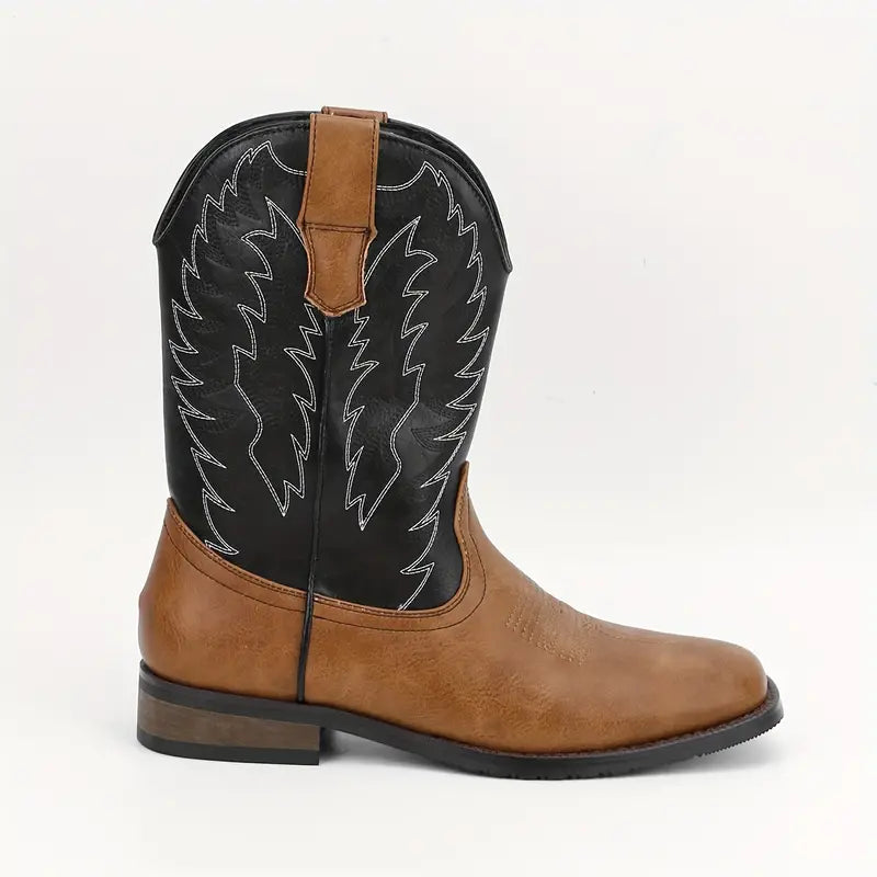 Herren-Roper-Stiefel mit quadratischer Zehenpartie, Western-Cowboystiefel, bestickte Roper-Stiefel bis zur Mitte der Wade