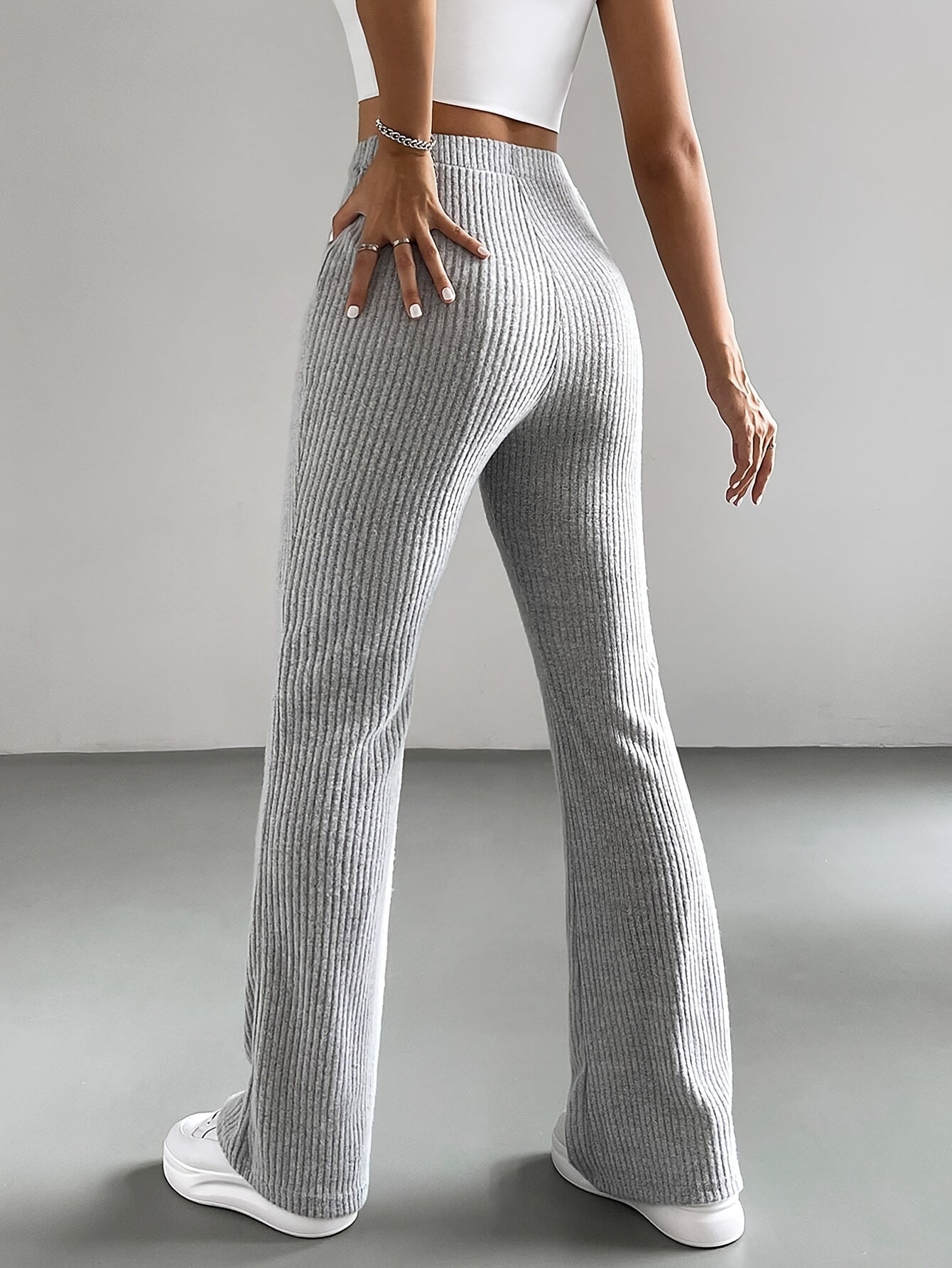 Calça Flare Ribbed de Cor Sólida - Cintura Alta para Primavera e Verão