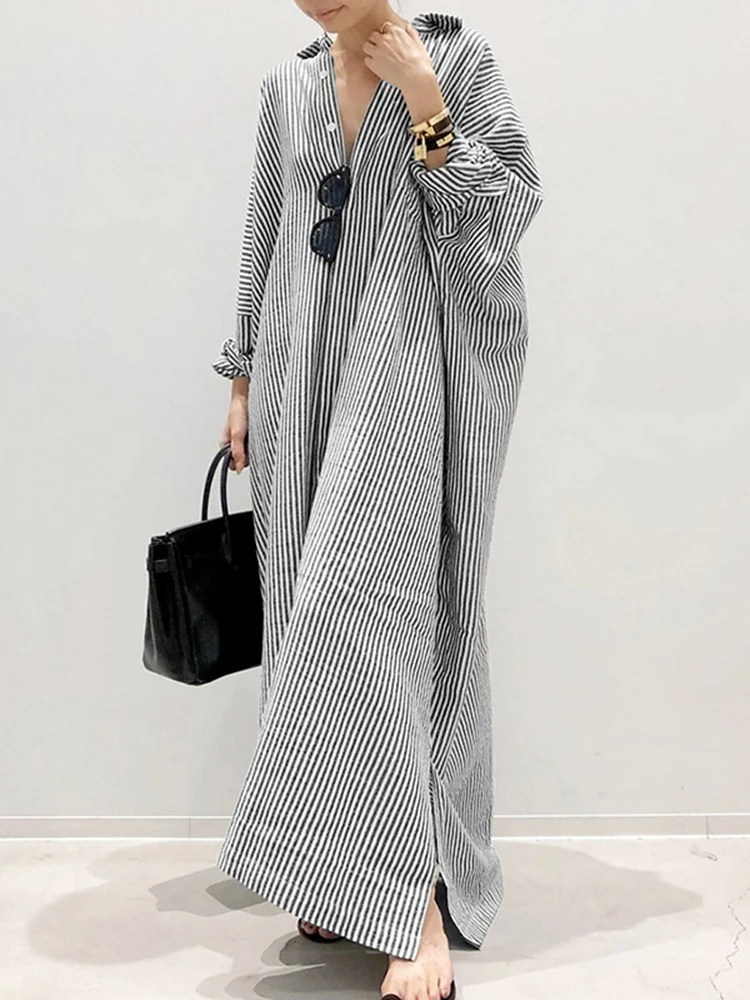 Alyssa™ - Vestido longo estampado com listras e mangas bufantes