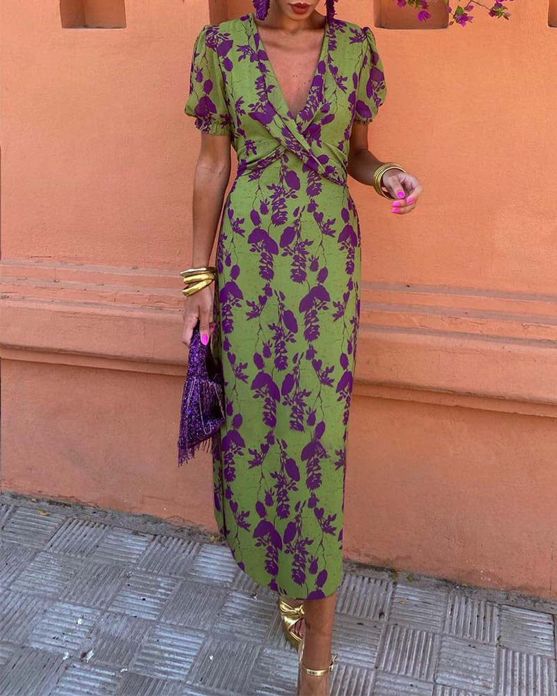 Aria™ - Vestido elegante com decote em V profundo e padrão de folhas