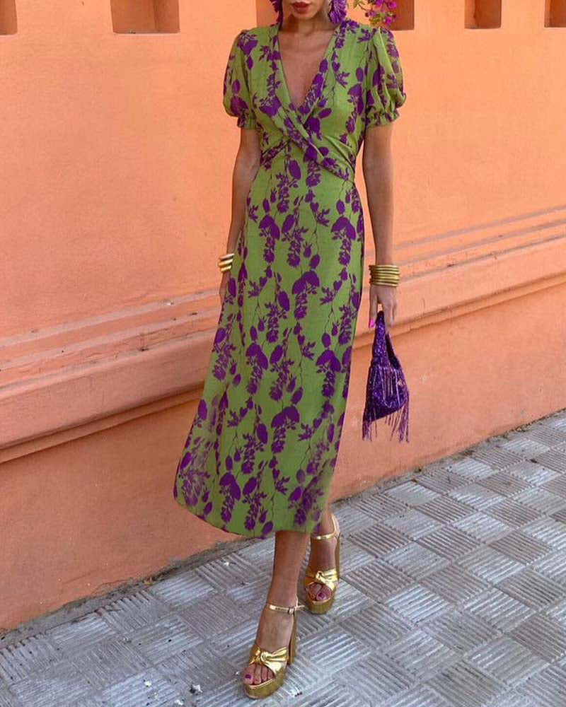 Aria™ - Vestido elegante com decote em V profundo e padrão de folhas