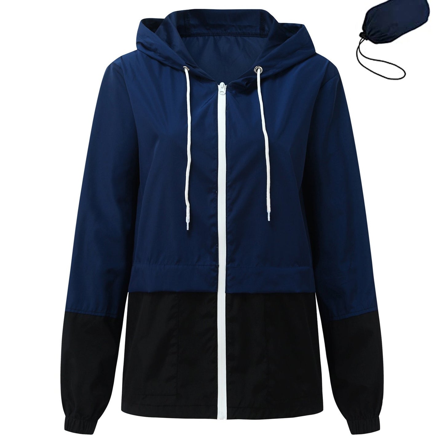 Women Packable Rain Jacket, Outdoor Color Block Hooded Windbreaker with Drawstring