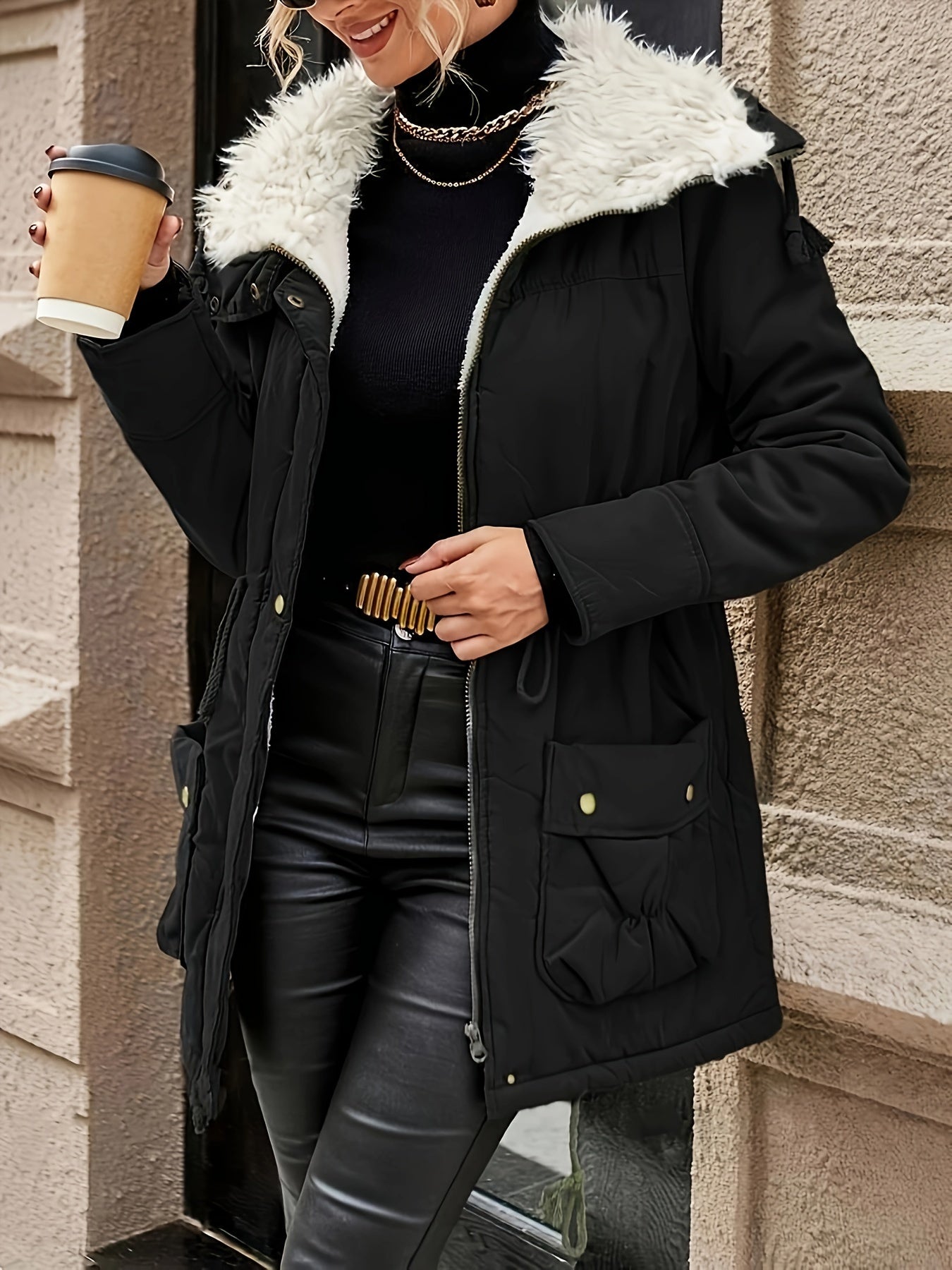Women's Casual Midi Parka Coat, Drawstring, Winter Jacket with Pockets