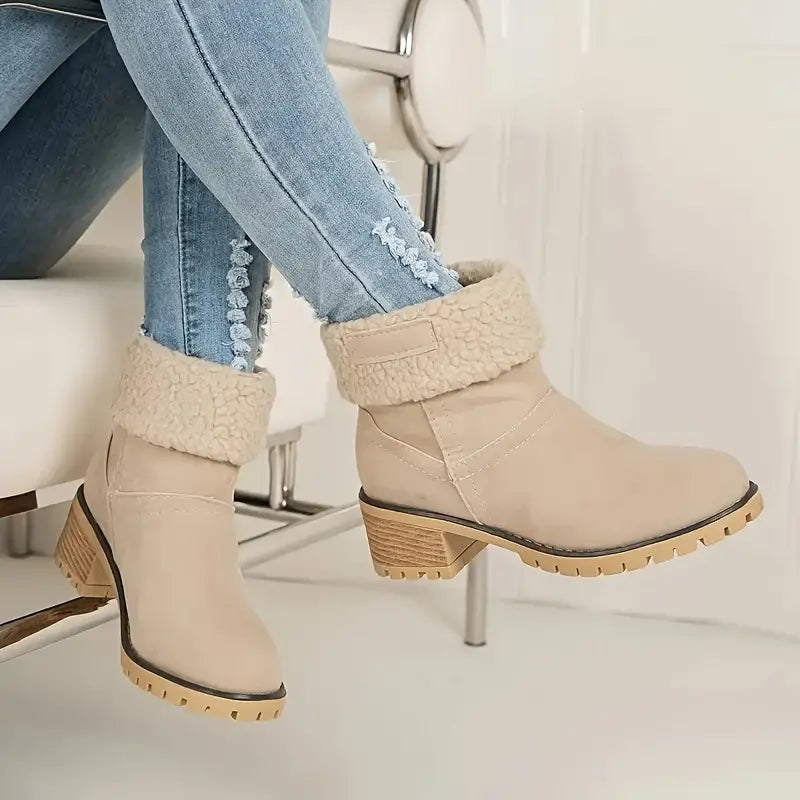 Women's Chunky Heel Boots - Solid Color, Slip-On, Plush Lined Winter Ankle Boots