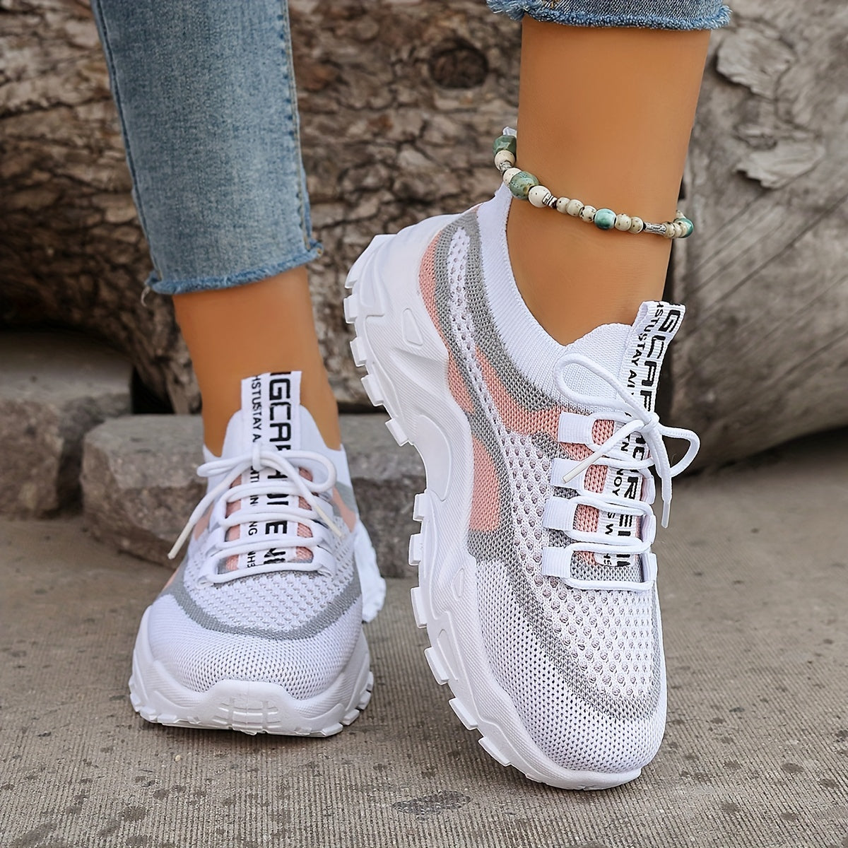 Women's Colorblock Knit Sneakers, Breathable Low Top Running Shoes (Plus Size)