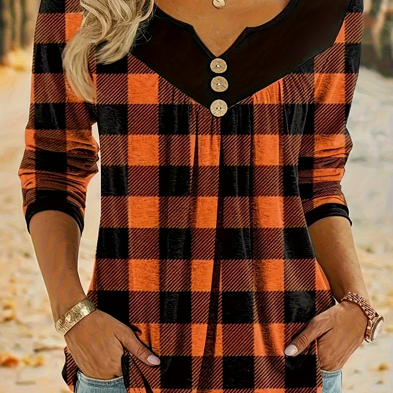 Camiseta xadrez com decote em V para mulheres, estilo boho, mangas compridas.