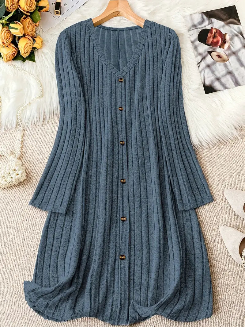 Plus Size V-Neck Ribbed Dress – Long Sleeve, Button Front, Casual Fall & Winter Wear