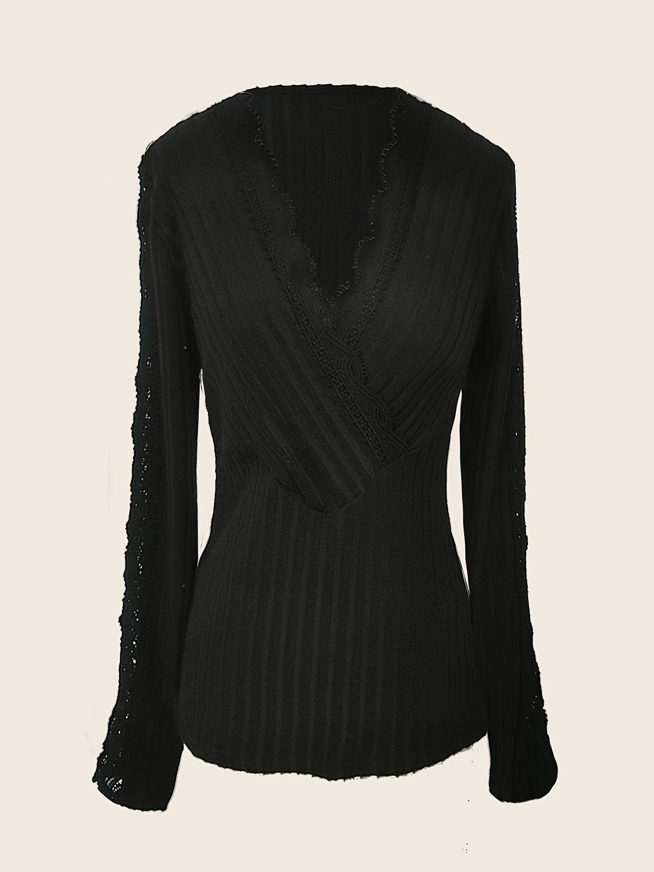 Lace Surplice Rib Knit Top, Long Sleeve, Casual for Spring/Fall.