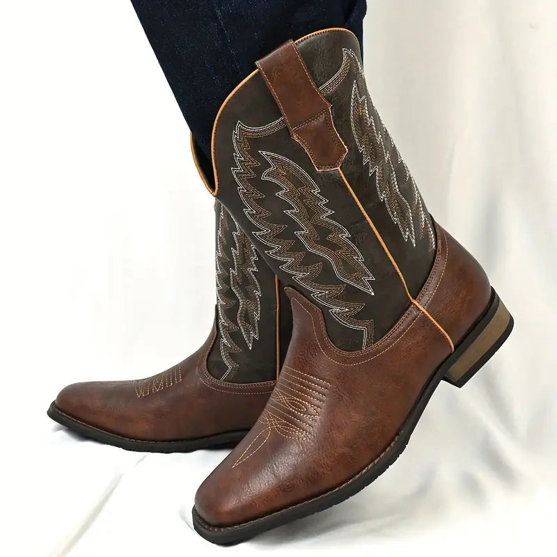 Herren-Roper-Stiefel mit quadratischer Zehenpartie, Western-Cowboystiefel, bestickte Roper-Stiefel bis zur Mitte der Wade