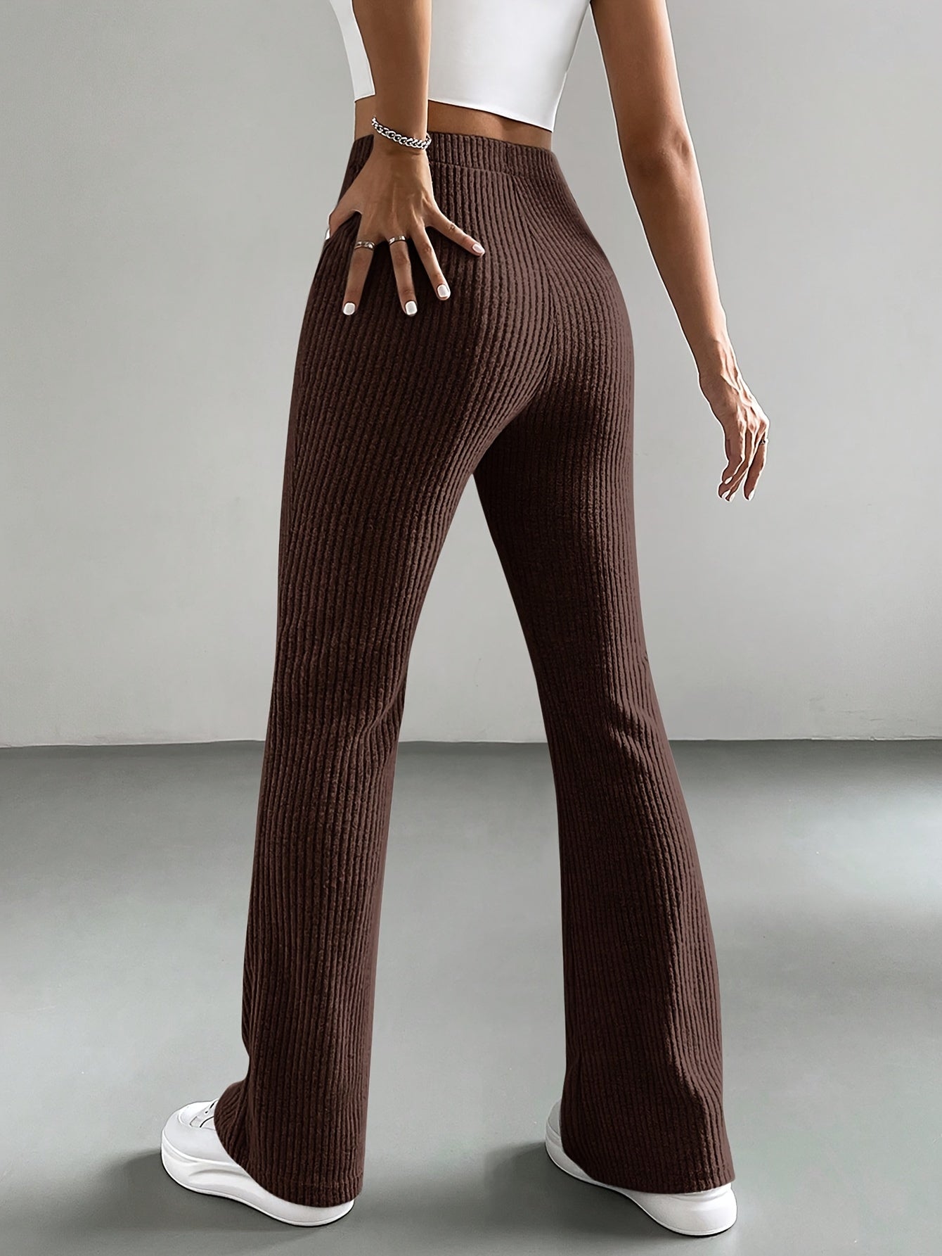 Calça Flare Ribbed de Cor Sólida - Cintura Alta para Primavera e Verão