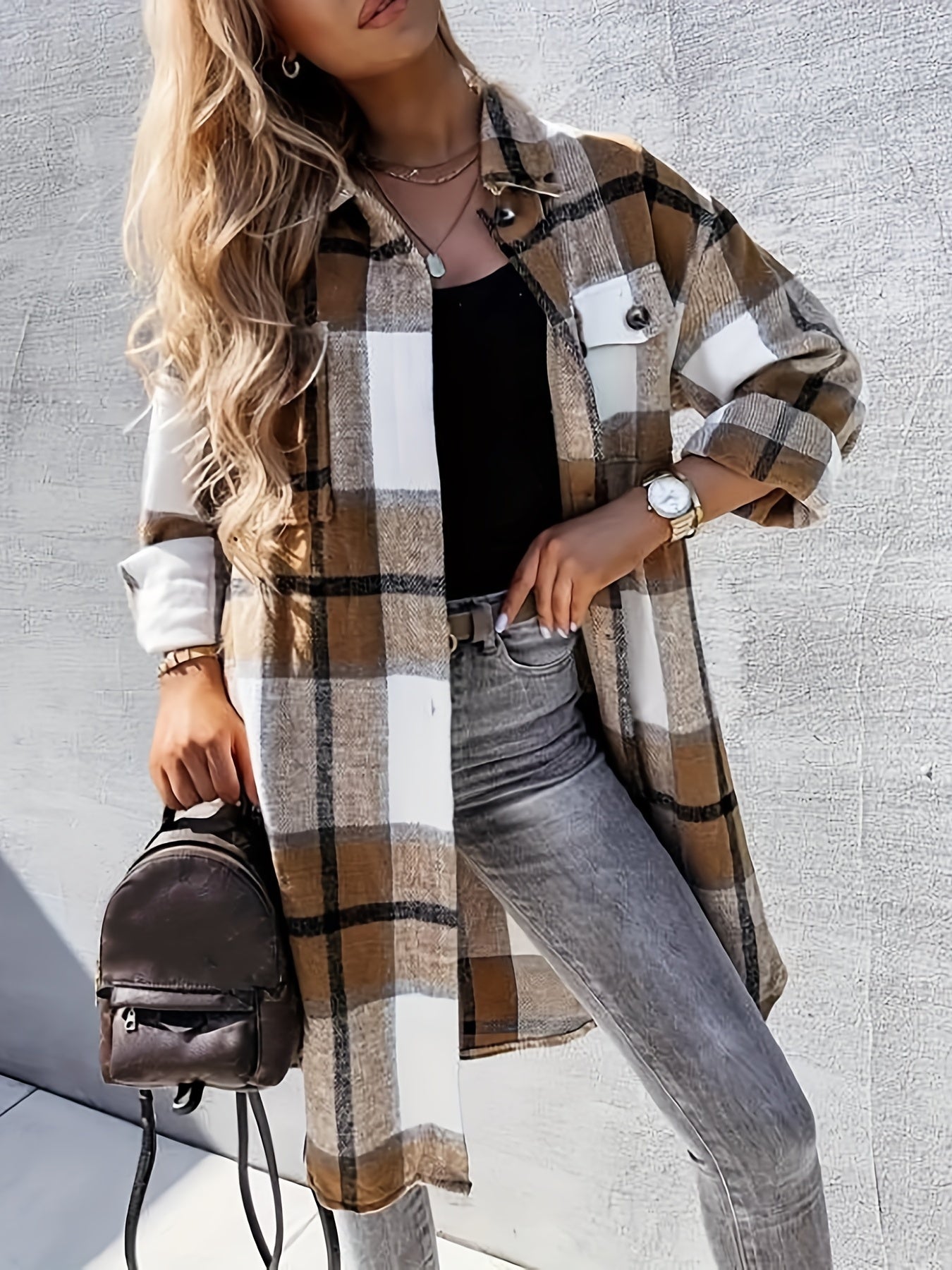 Plaid Print Long Jacket, Casual Button-Front with Flap Pockets.