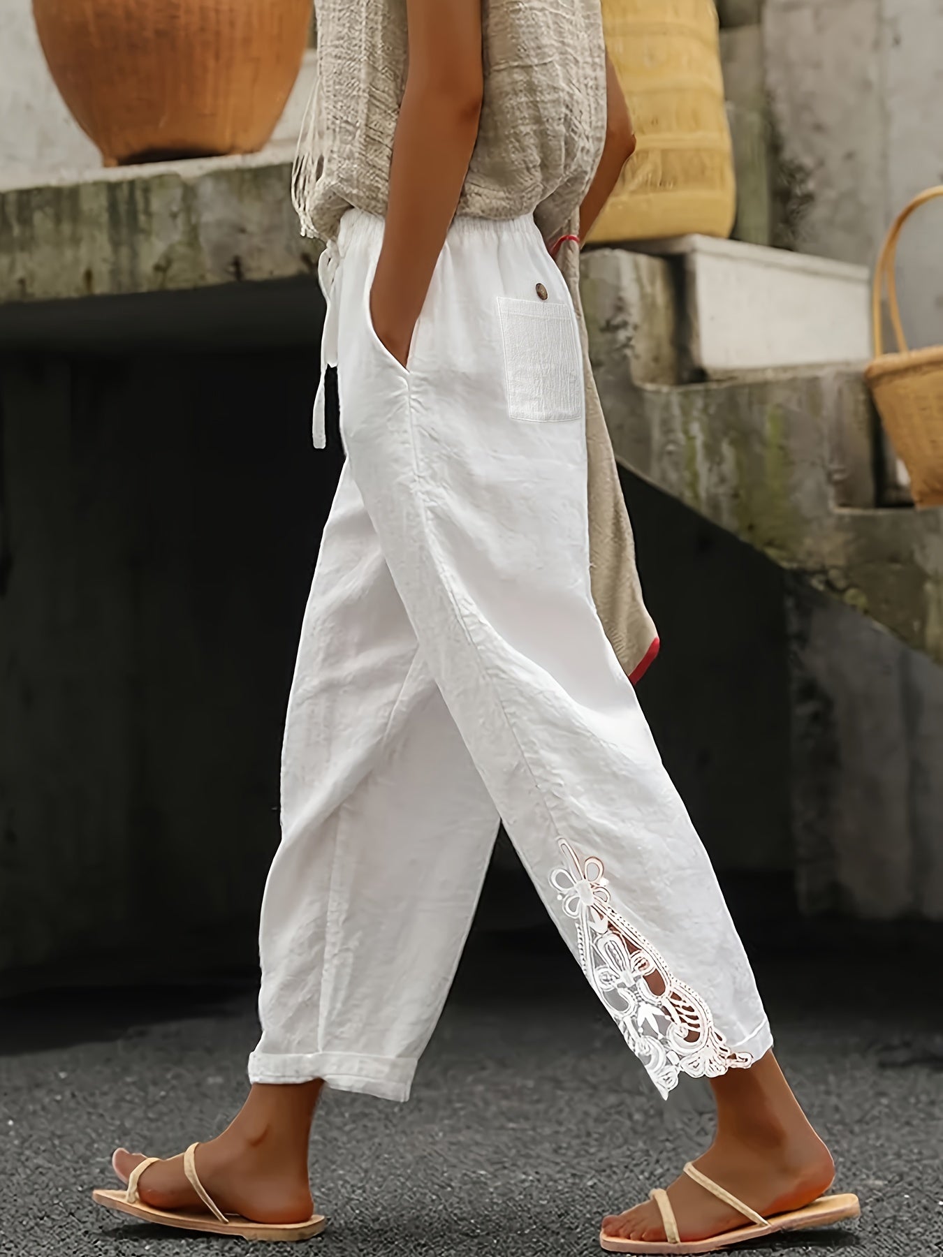 Chic Lace-Trimmed Elastic Waist Trousers - Breathable, Relaxed Fit for Spring & Summer - Womens Fashion Pants