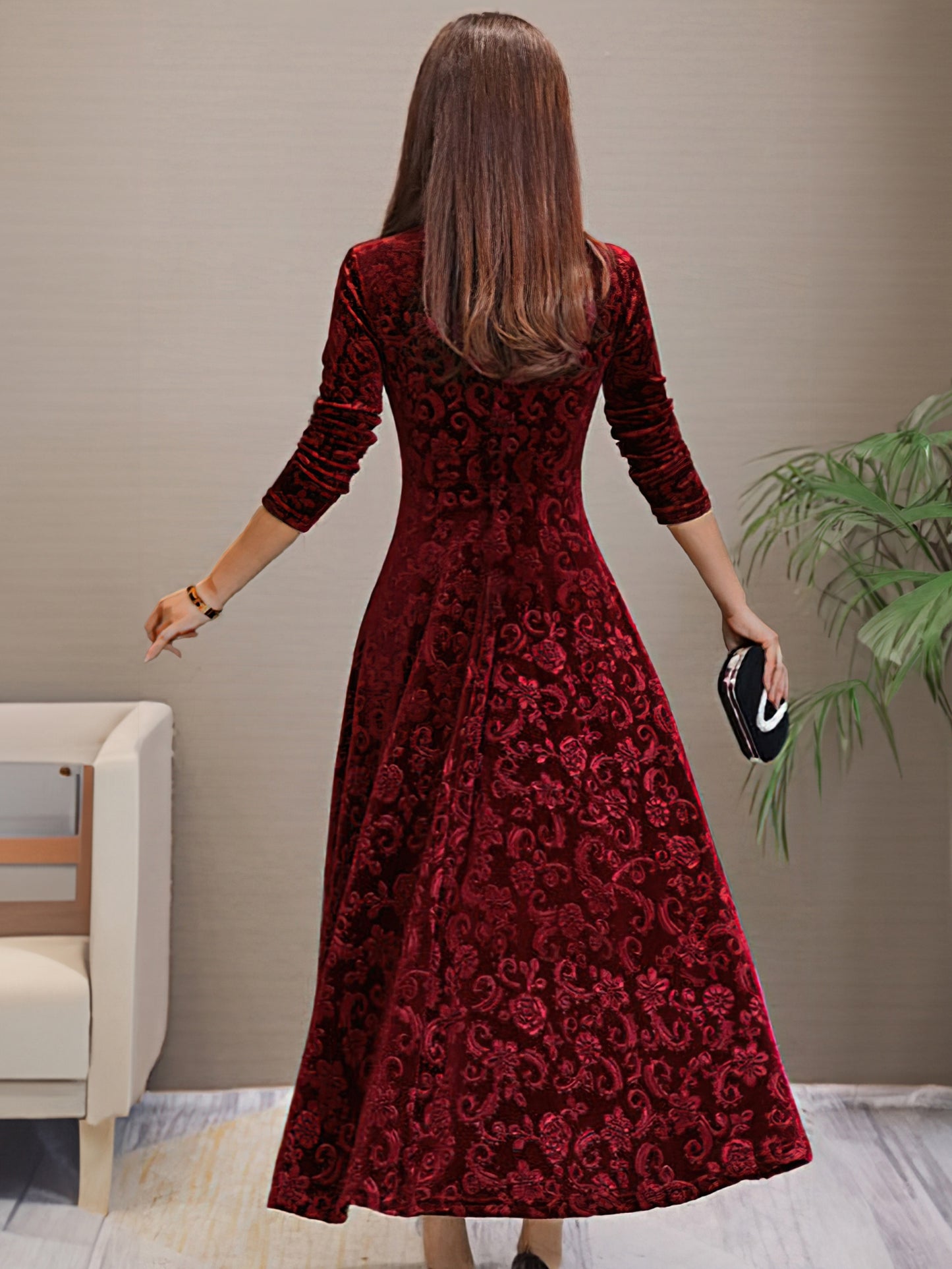 Vestido longo liso, decote em V, manga comprida, estilo elegante para primavera/outono.
