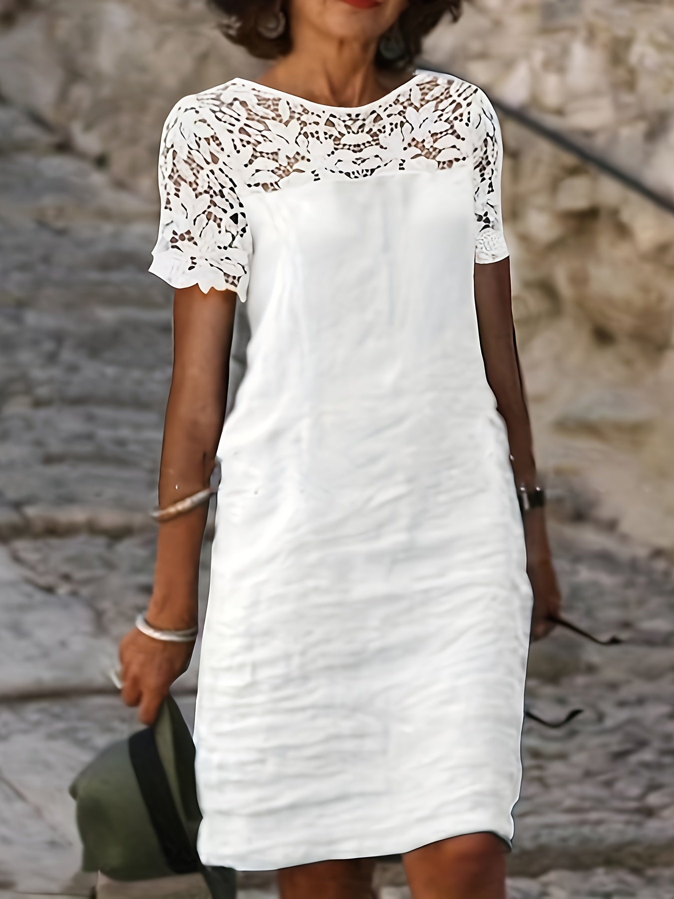 Vestido com renda sólida, manga curta elegante, perfeito para primavera e outono.