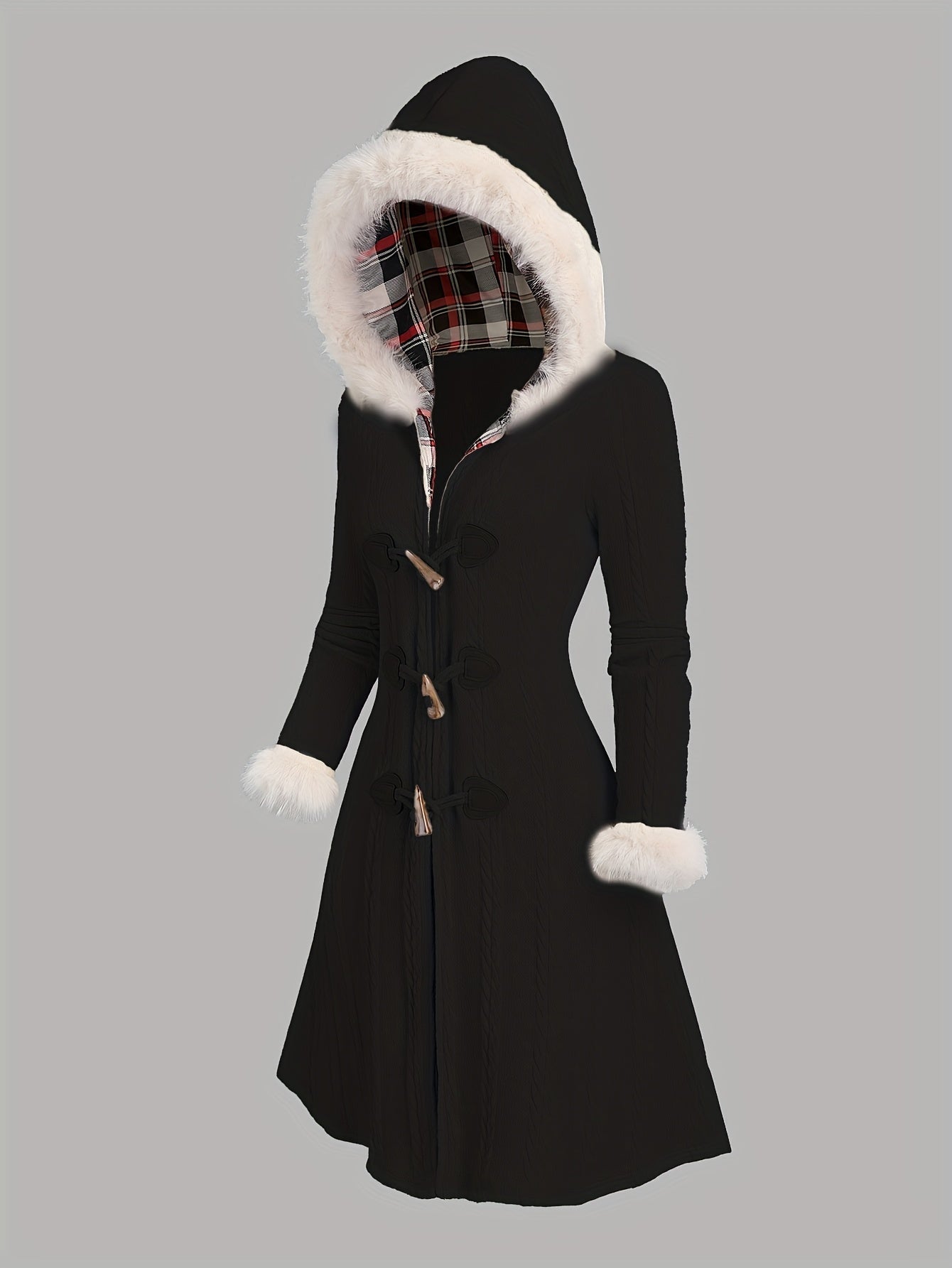 Y2K Plaid Hooded Knit Coat with Faux Fur Trim, Horn Buttons, Long & Warm