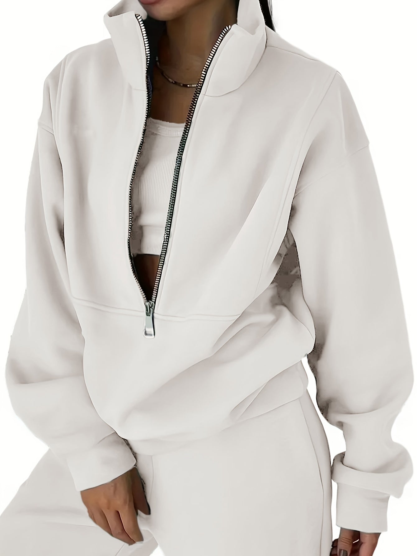 Solid Two-piece Set, Zip Front Sweatshirt & Elastic Waist Pants
