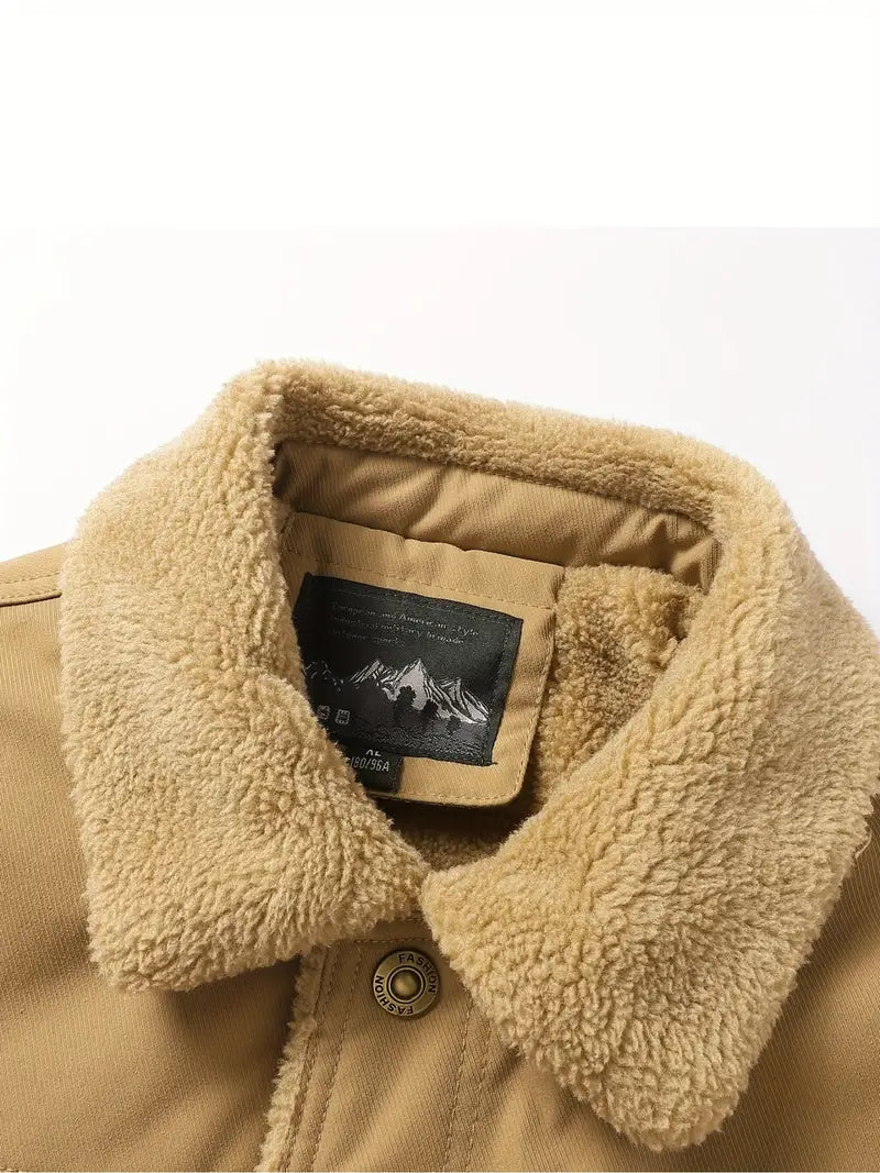 Men's Casual Warm Jacket with Flap Pockets, Fleece Lining - Fall & Winter Essentials, Perfect Gift for Boyfriend & Dad
