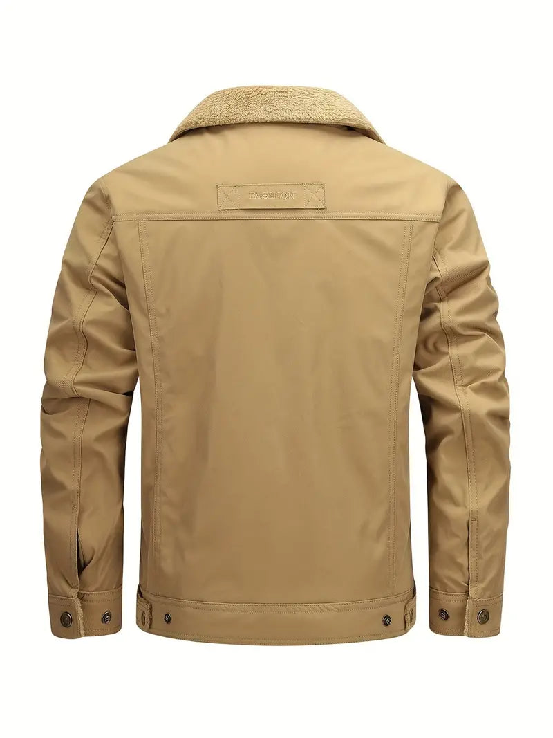 Men's Casual Warm Jacket with Flap Pockets, Fleece Lining - Fall & Winter Essentials, Perfect Gift for Boyfriend & Dad