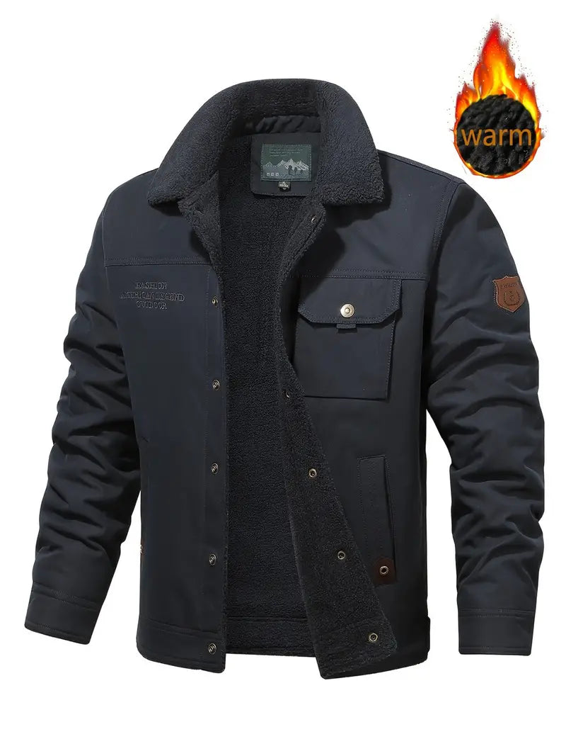 Men's Casual Warm Jacket with Flap Pockets, Fleece Lining - Fall & Winter Essentials, Perfect Gift for Boyfriend & Dad