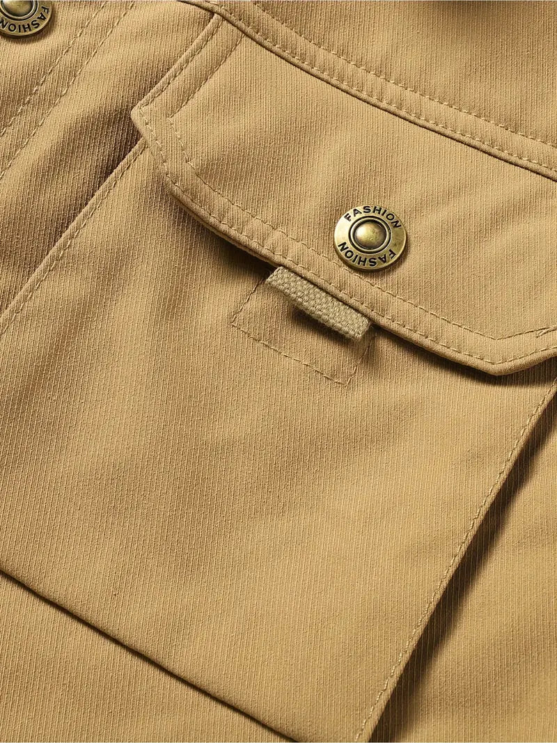 Men's Casual Warm Jacket with Flap Pockets, Fleece Lining - Fall & Winter Essentials, Perfect Gift for Boyfriend & Dad