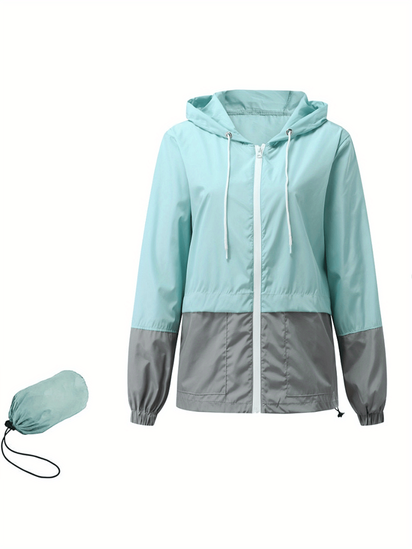 Women Packable Rain Jacket, Outdoor Color Block Hooded Windbreaker with Drawstring