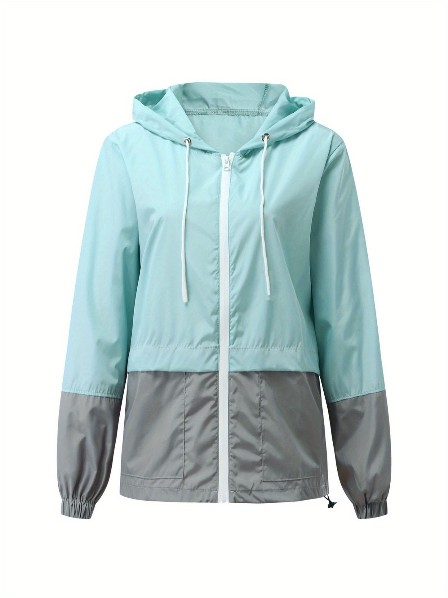 Women Packable Rain Jacket, Outdoor Color Block Hooded Windbreaker with Drawstring
