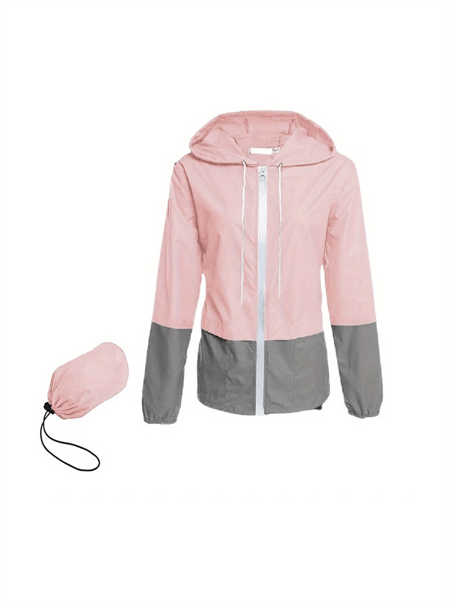 Women Packable Rain Jacket, Outdoor Color Block Hooded Windbreaker with Drawstring