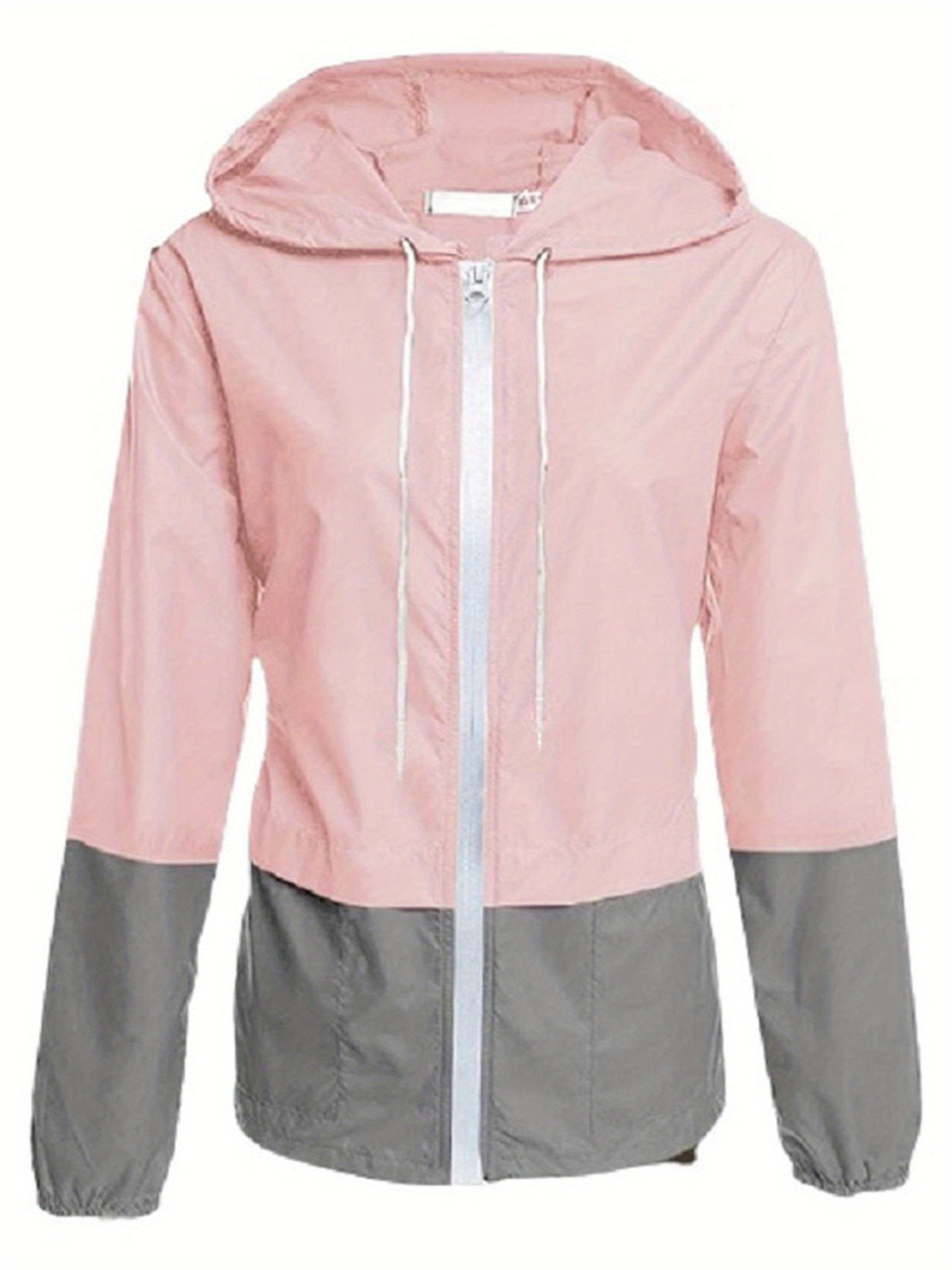 Women Packable Rain Jacket, Outdoor Color Block Hooded Windbreaker with Drawstring