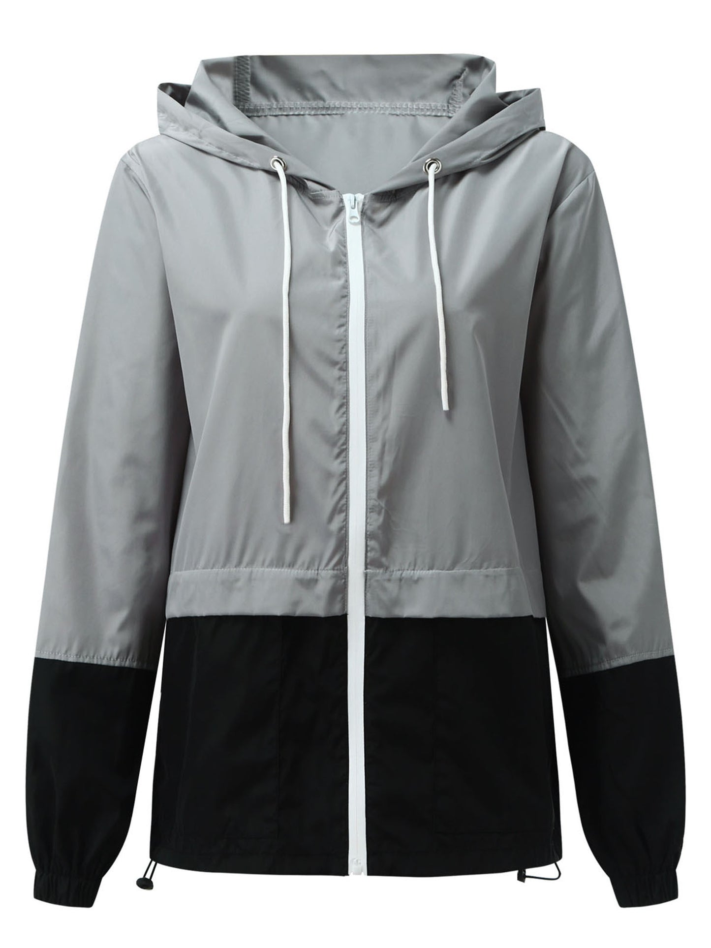 Women Packable Rain Jacket, Outdoor Color Block Hooded Windbreaker with Drawstring