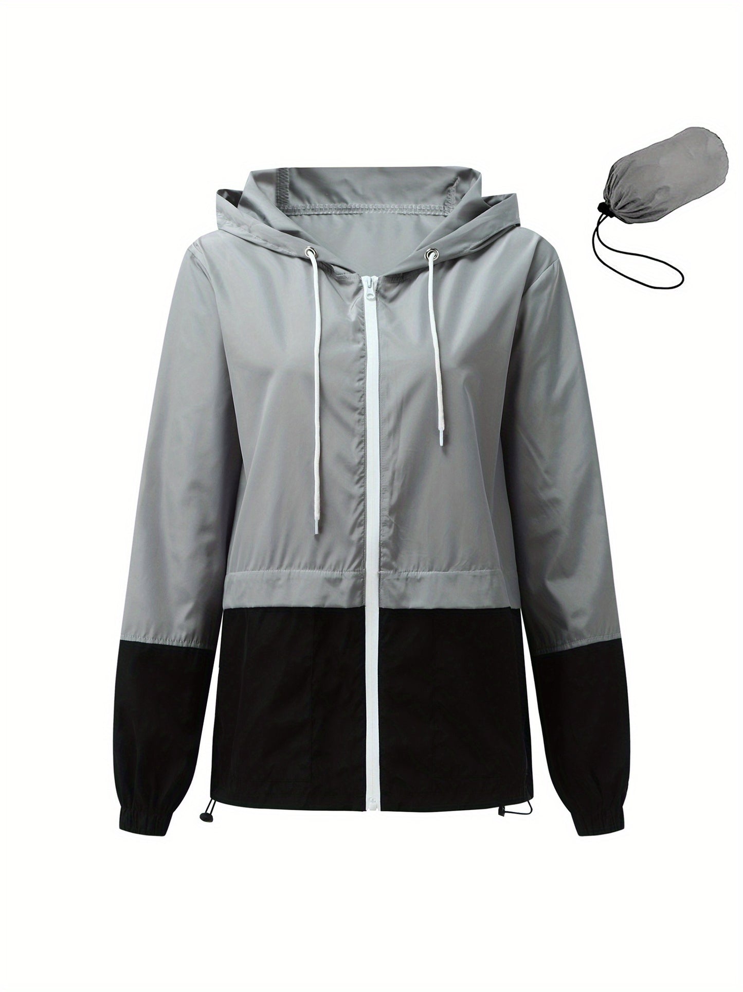 Women Packable Rain Jacket, Outdoor Color Block Hooded Windbreaker with Drawstring