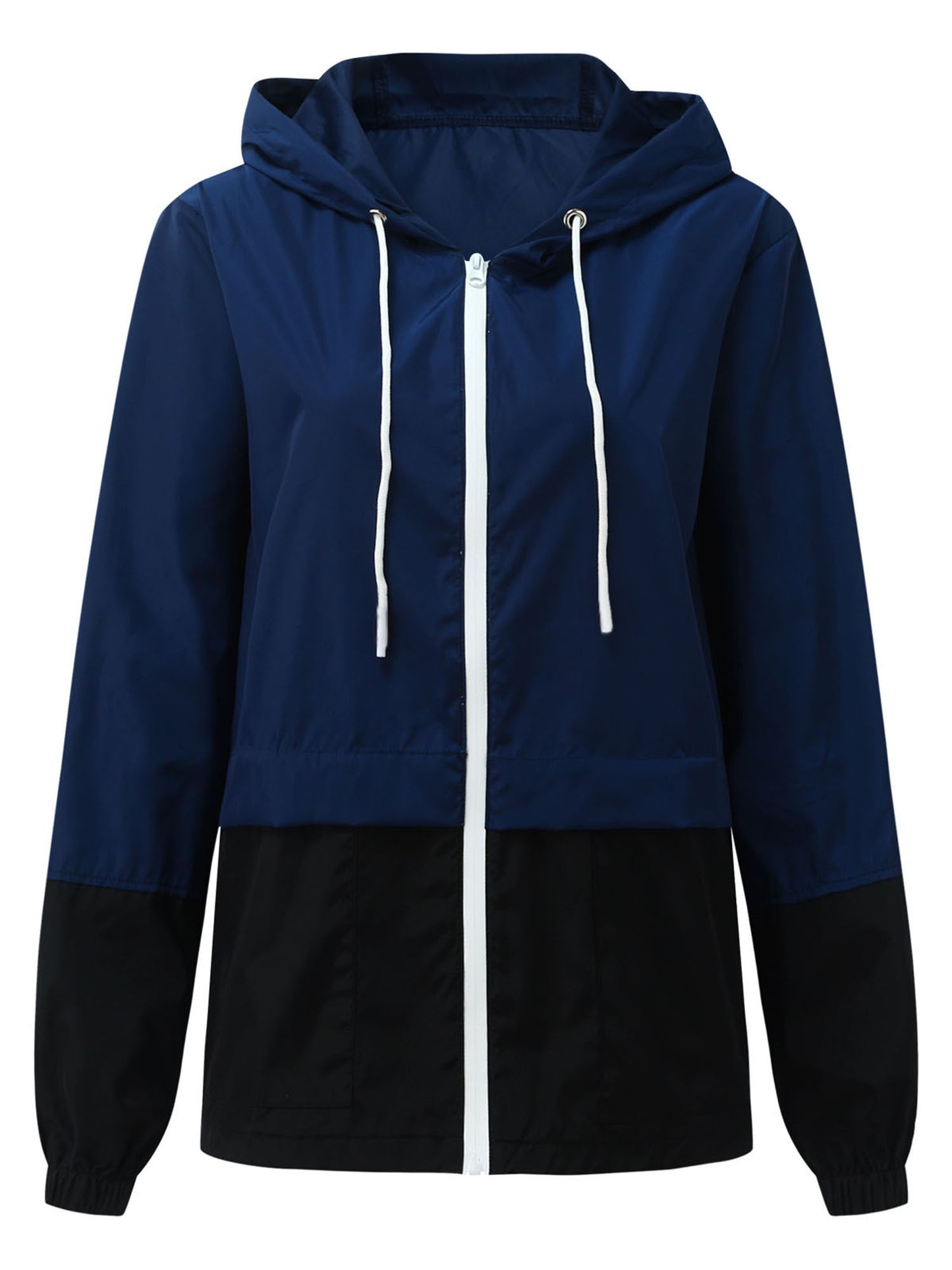 Women Packable Rain Jacket, Outdoor Color Block Hooded Windbreaker with Drawstring
