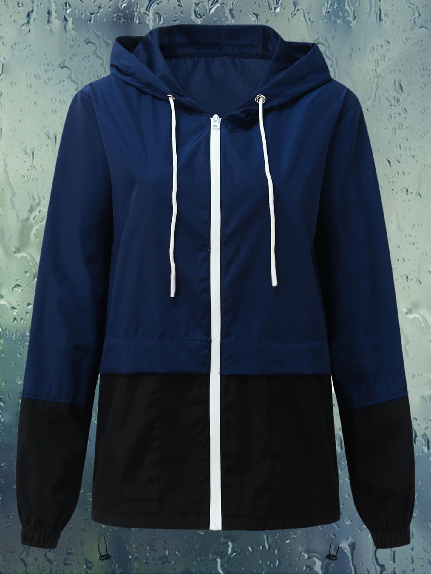 Women Packable Rain Jacket, Outdoor Color Block Hooded Windbreaker with Drawstring