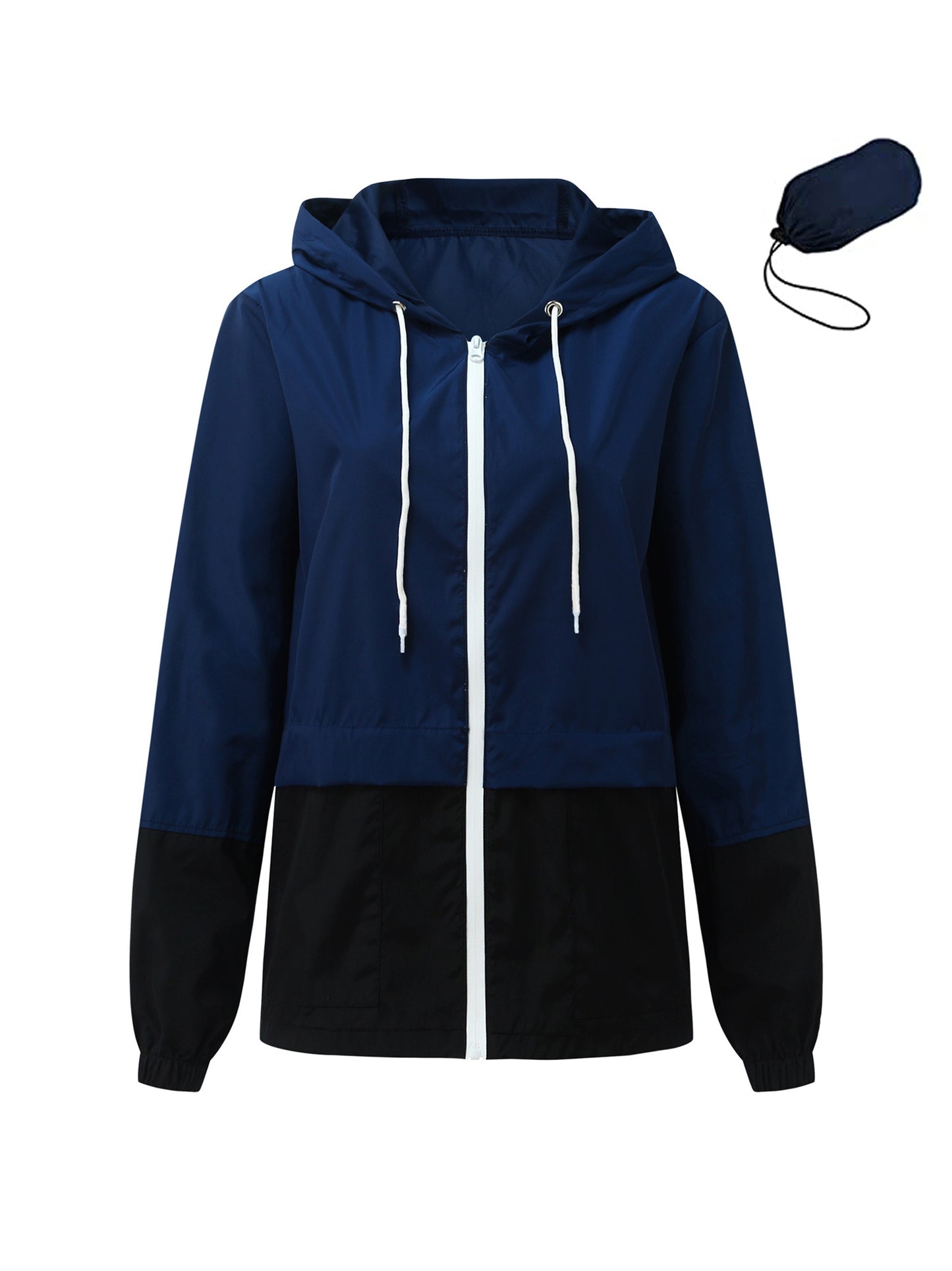 Women Packable Rain Jacket, Outdoor Color Block Hooded Windbreaker with Drawstring