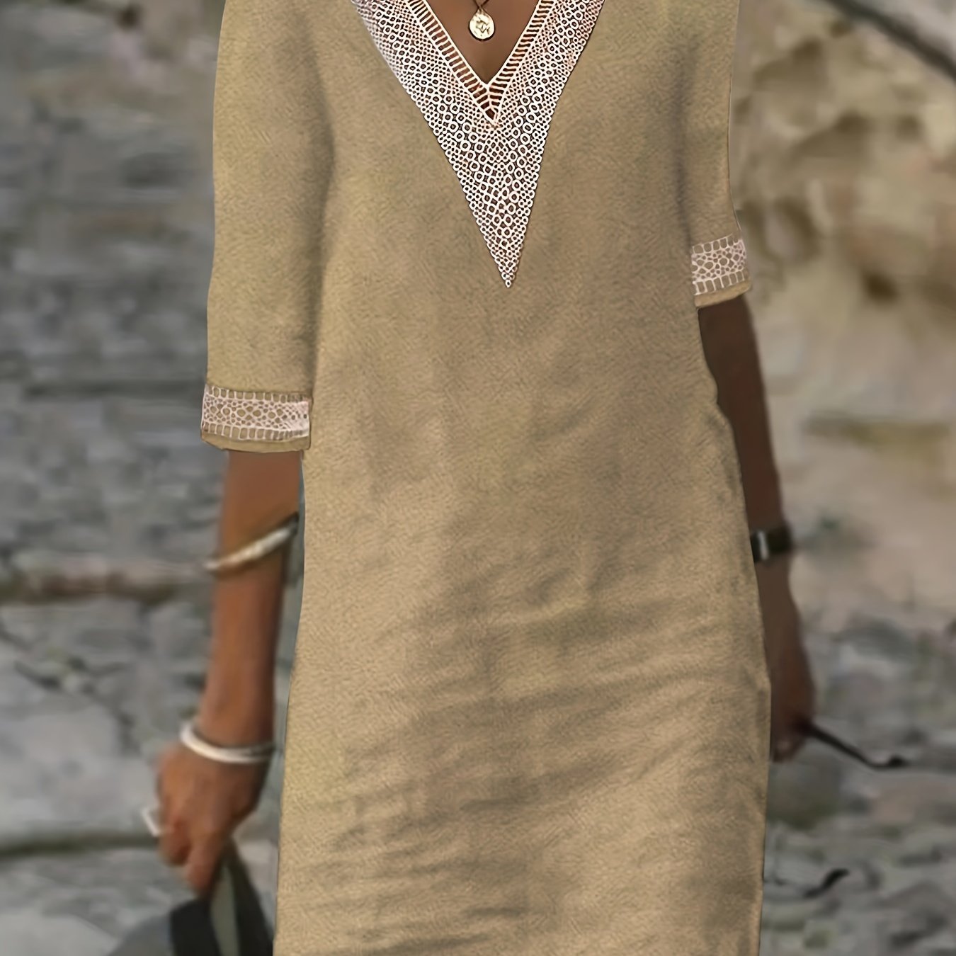 Guipure Lace V-Neck Dress, Casual Short Sleeve for Spring & Summer.
