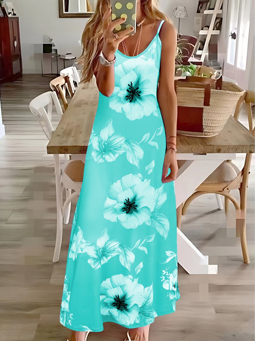 Vestido cami floral com alças finas, casual, comprimento até o tornozelo.