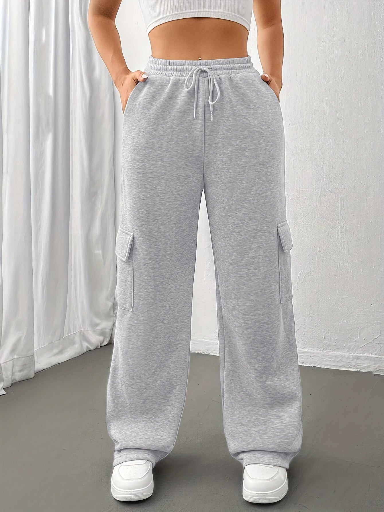 Flap Pocket Straight Leg Sweatpants - Drawstring Elastic Waist for Fall & Winter